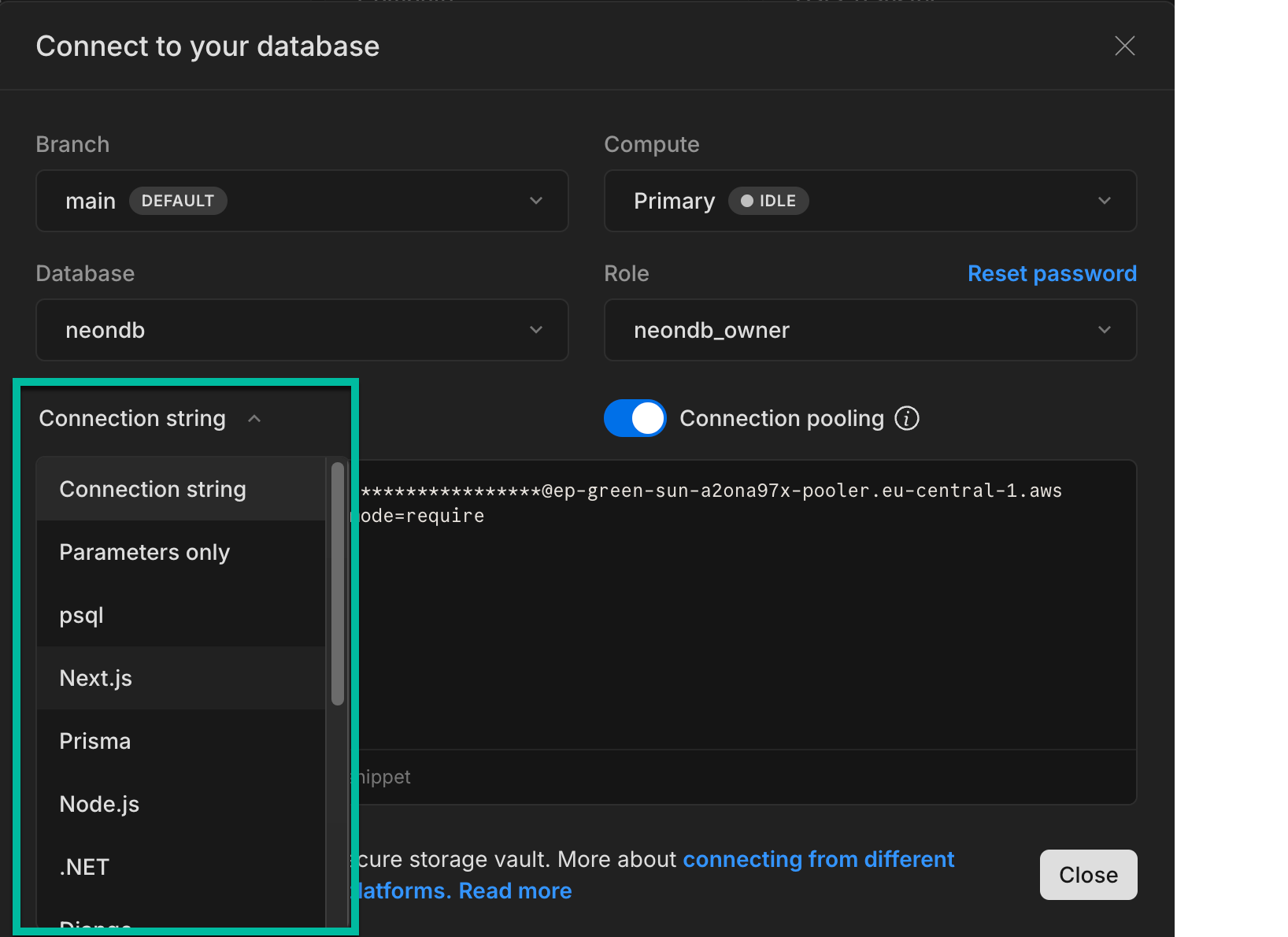 Next.js connection snippet from the Connection details widget on the Neon Dashboard